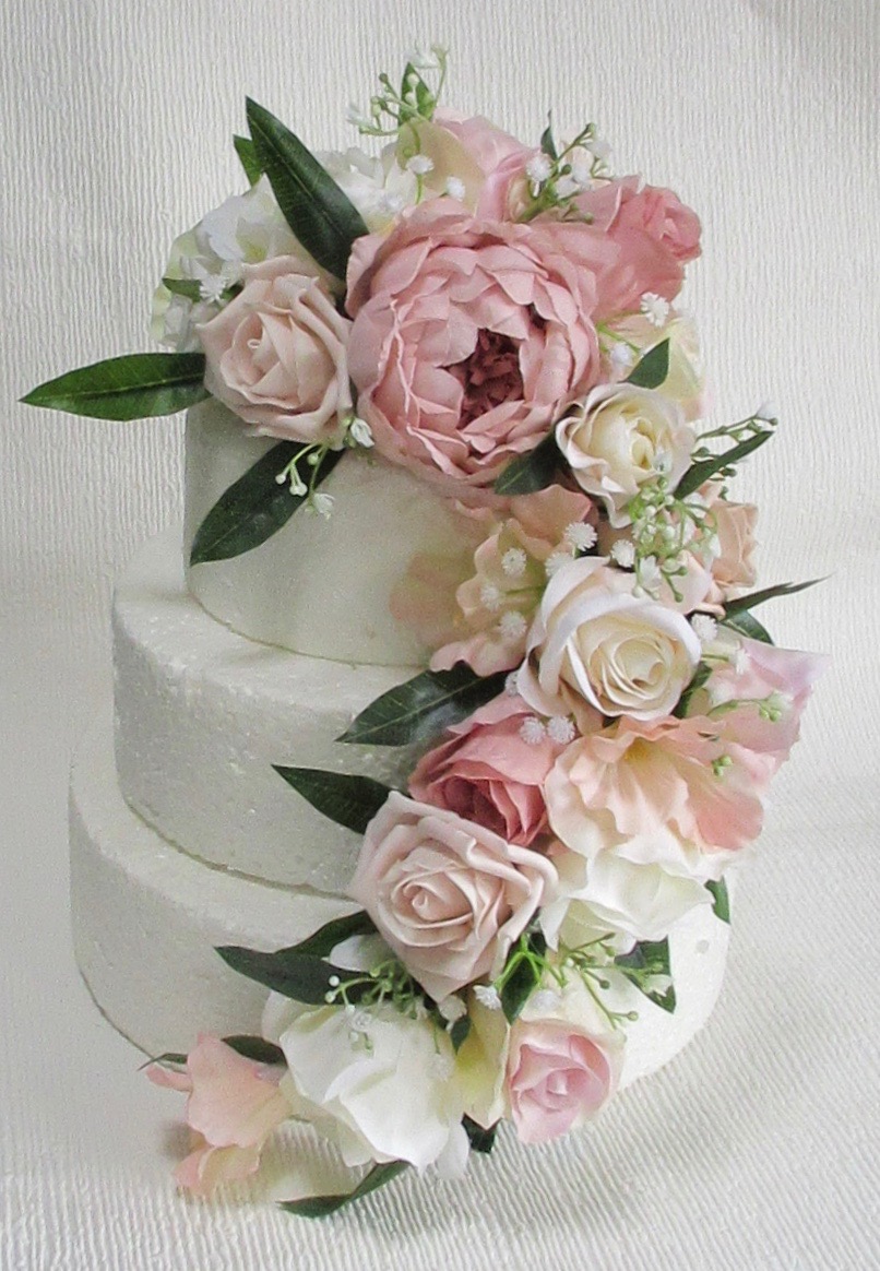Dusky Pink, Blush & Ivory Cascading Rose & Peony Cake Topper